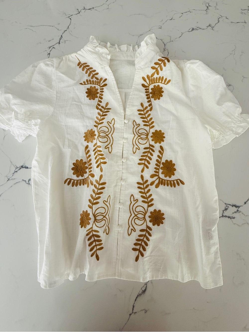 Women’s White Peasant Top with Embroidered Mustard Floral Detail
